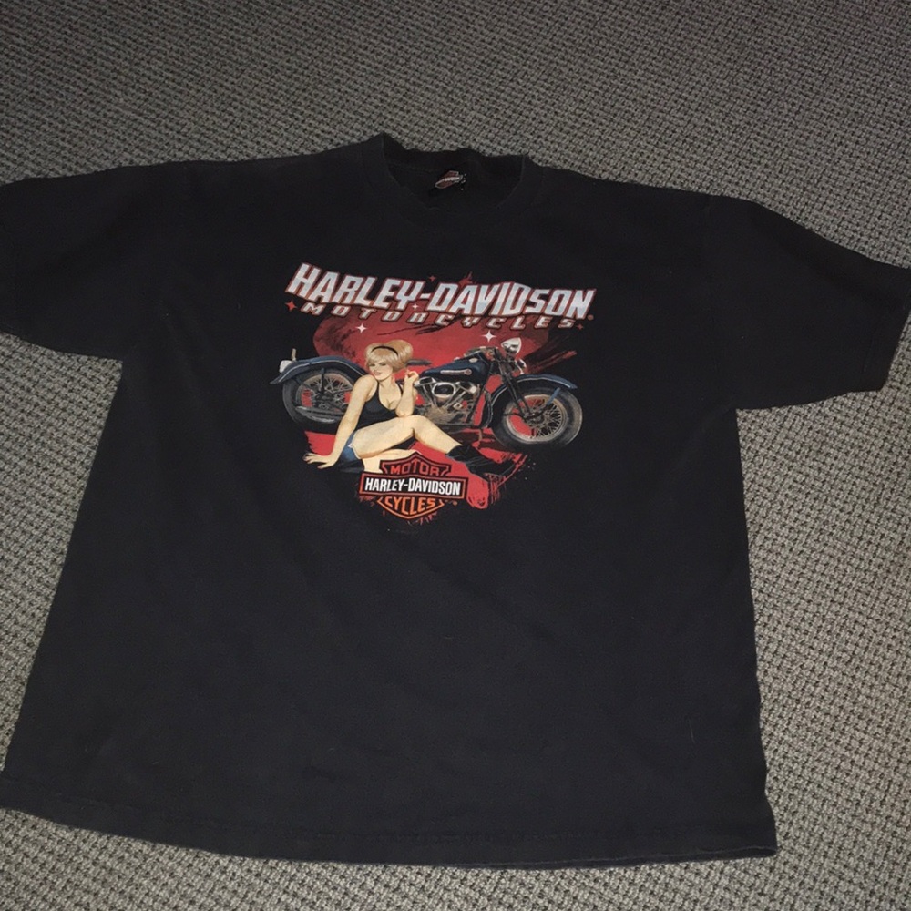 Harley-Davidson Black Tee with Pinup & Motorcycle Graphic